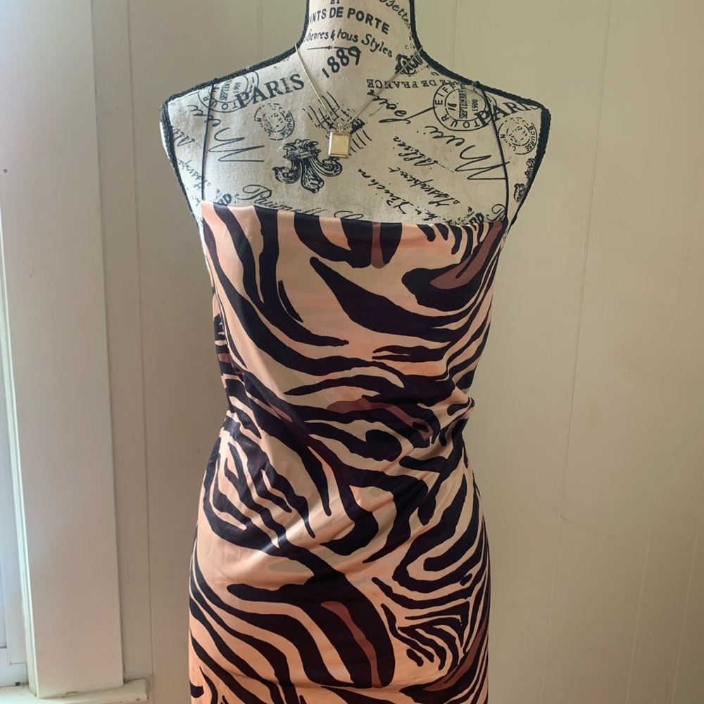 Zara Zebra Print Satin Slip Dress Mini Brown Tan Y2K Bodycon Party Size S - Picture 4 of 6